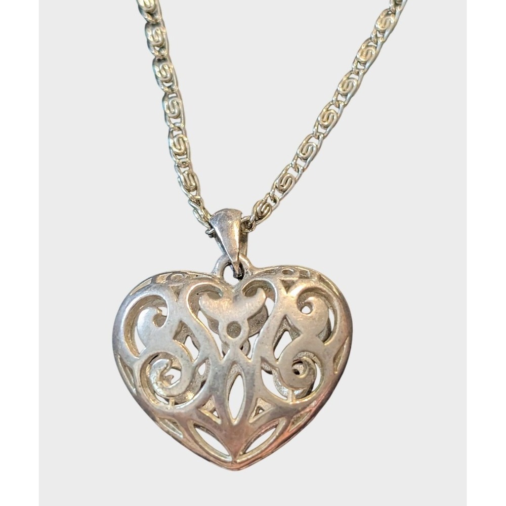 Vintage Silver Heart Necklace Filigree Puffy Pendant Openwork Scroll Chain